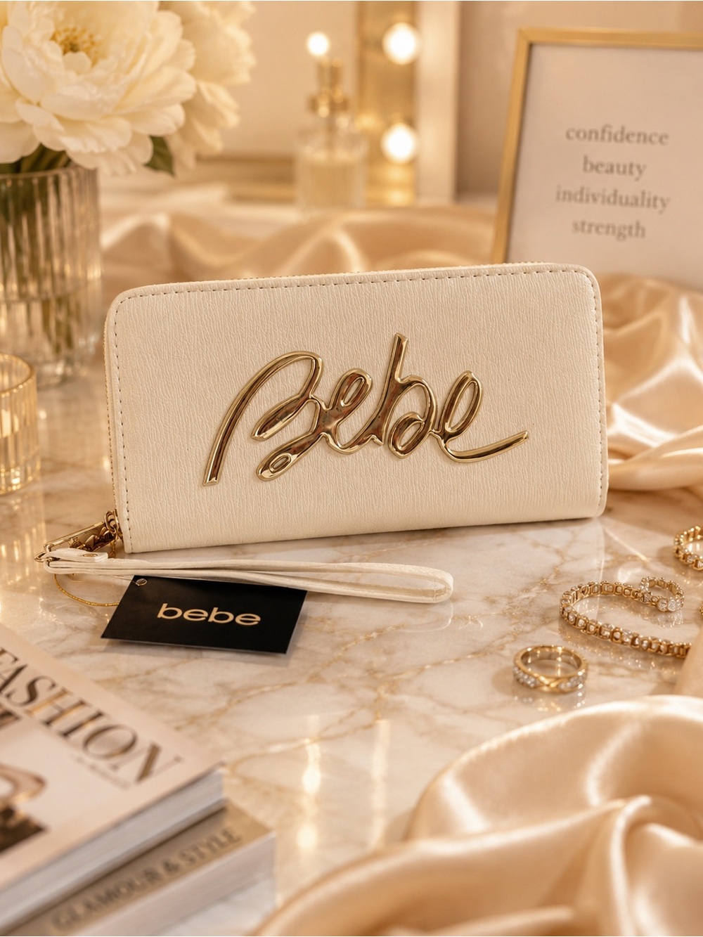 Bebe White Zip-Around Wallet with Wristlet Strap